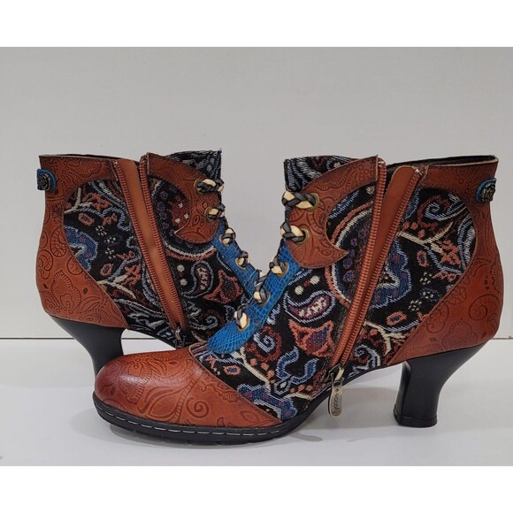 Socofy Genuine Leather Multicolor BohoLaceUp ZipUp Handmade Booties Sz.9(EU-40) - Picture 2 of 8